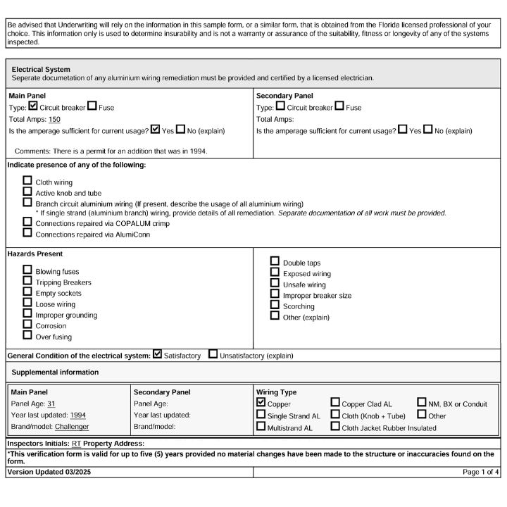 form page on home inspection report florida